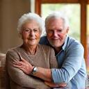 Portrait of Sarah and Tom L, a happy retired couple in their 60s.